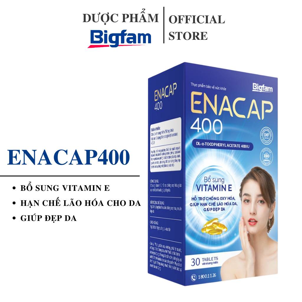 Thực phẩm bảo vệ sức khỏe viên uống bổ sung Vitamin E chống lão hóa cho da Enacap400 Bigfam (Hộp 3 vỉ x 10 viên)