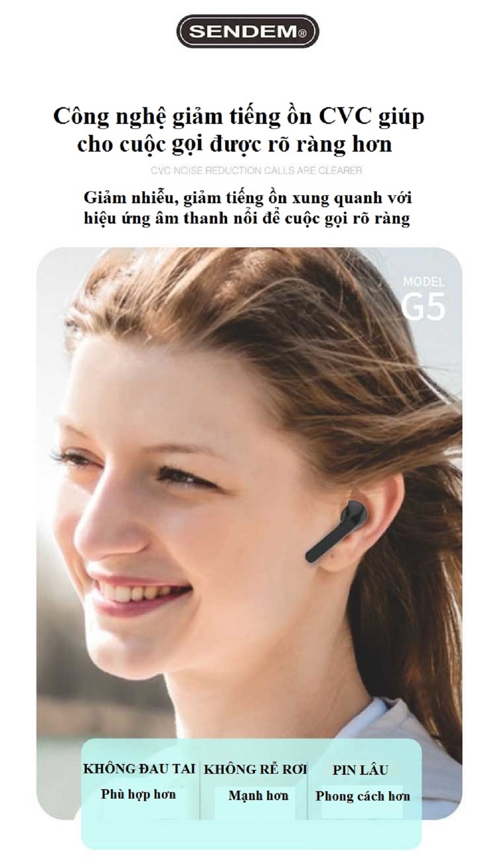 Tai nghe Bluetooth V5.0 True Wireless TWS SENDEM G5 hàng cao cấp - Thiết kế thời trang - Cài tai chắc chắn - Âm thanh cực đỉnh - Công nghệ CVC chống ồn tốt - Hàng chính hãng