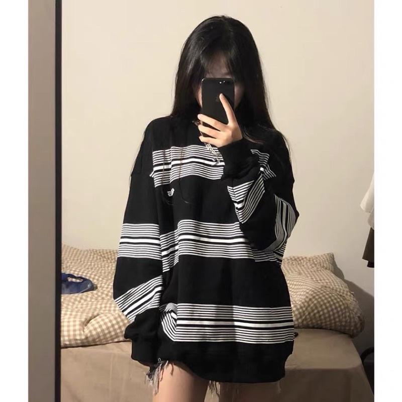 { Ảnh Thật } Áo Sweater unisex sọc kẻ xanh Vintage mẫu mới mặc đầu thu 2021