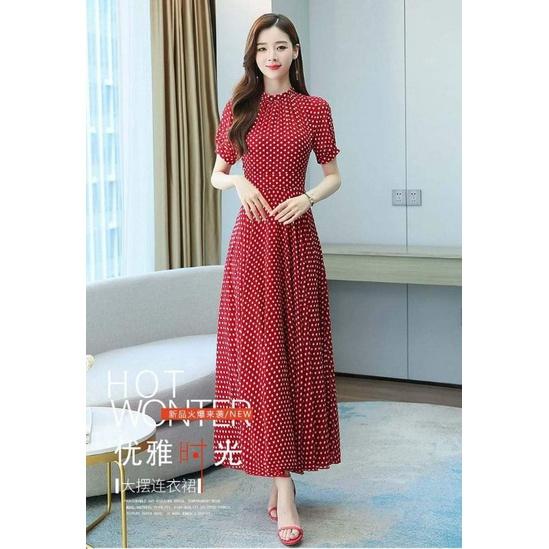 ĐẦM MAXI BI CỔ TRỤ XẾP LI