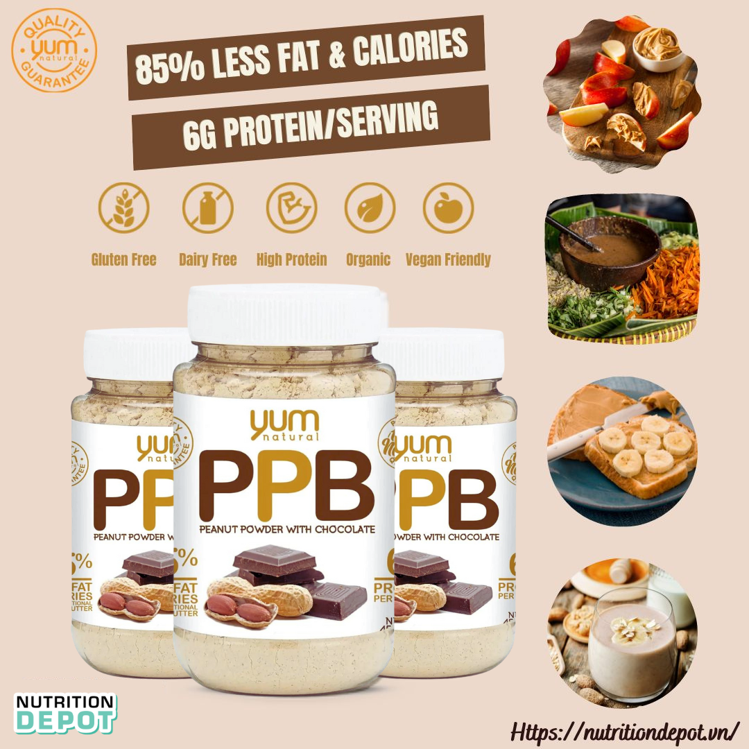 Combo 2 hũ bột bơ đậu phộng hữu cơ ít béo Yum Natural 450g vị Chocolate - Nutrition Depot Vietnam
