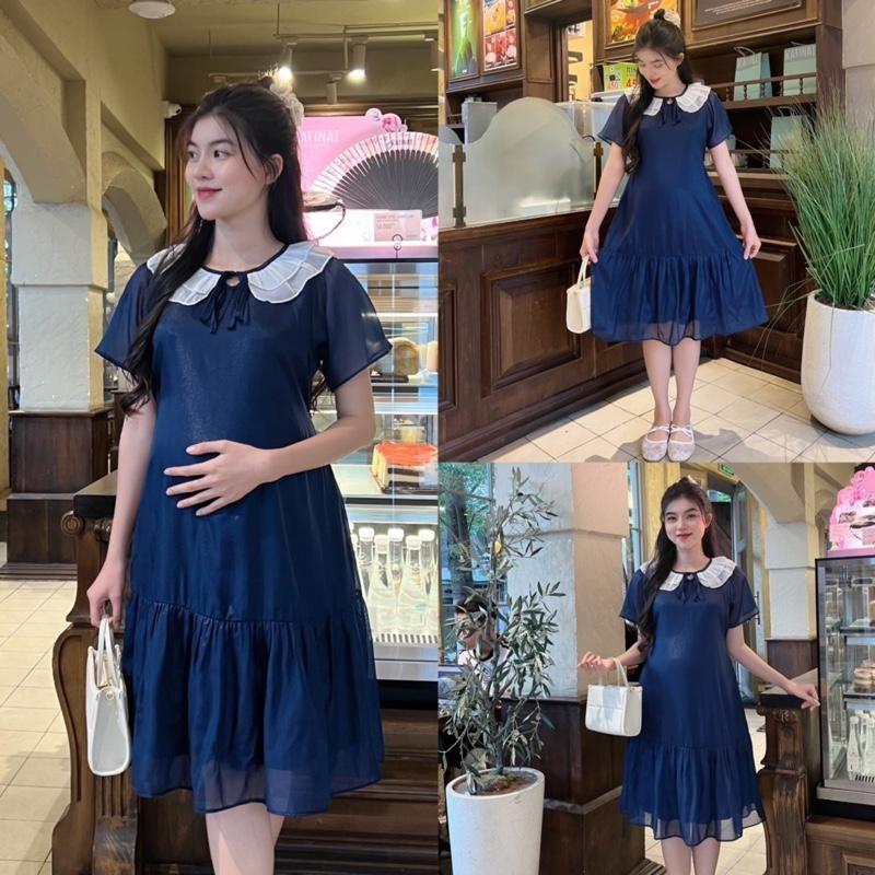 Đầm bầu tiểu thư cổ bèo nhún nhẹ nhàng form đuôi cá trẻ trung chất tơ mềm ( 2 lớp ) - Hồng