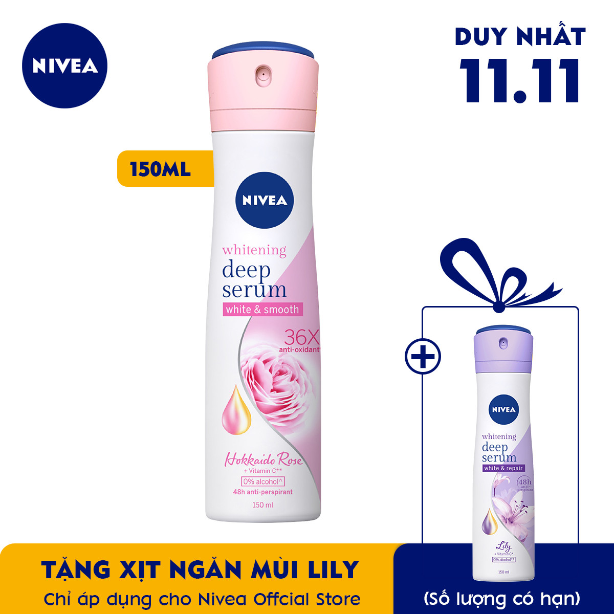 TẶNG XỊT NGĂN MÙI HƯƠNG HOA LILY-  Xịt Ngăn Mùi Nivea Serum Trắng Mịn Hương Hoa Hồng Hokkaido (150ml) 85304