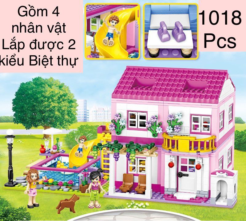Đồ chơi xếp hình lắp ghép biệt thự 3D kết hợp công viên cầu trượt ngoài trời với 1018Pcs