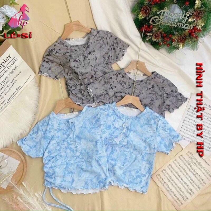 áo kiểu croptop nữ tay ngắn thun gân rút eo loang mẫu mới 2021