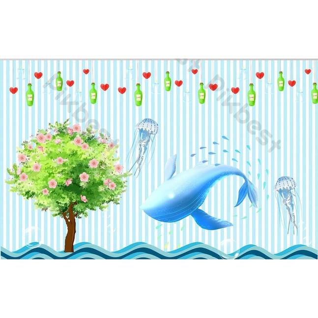 Tranh dán tường Cá heo đáng yêu trang trí phòng em bé, tranh dán tường 3d hiện đại MS995072