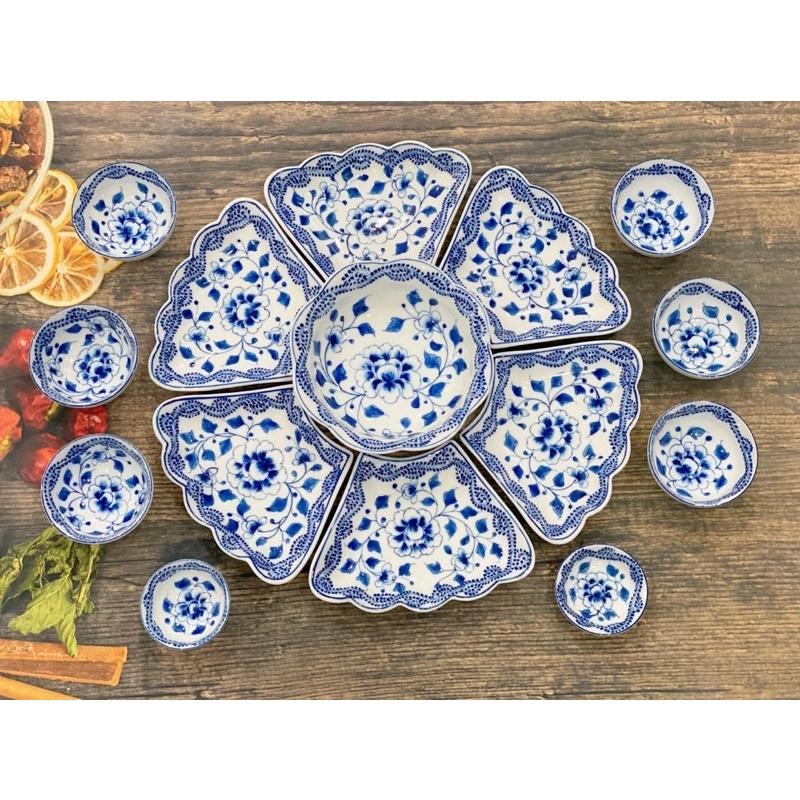 Set hoa mặt trời 15 món men lam, hoạ tiết hoa Sen dây- Phù dung me vẽ thủ công. Gốm sứ Bát Tràng.