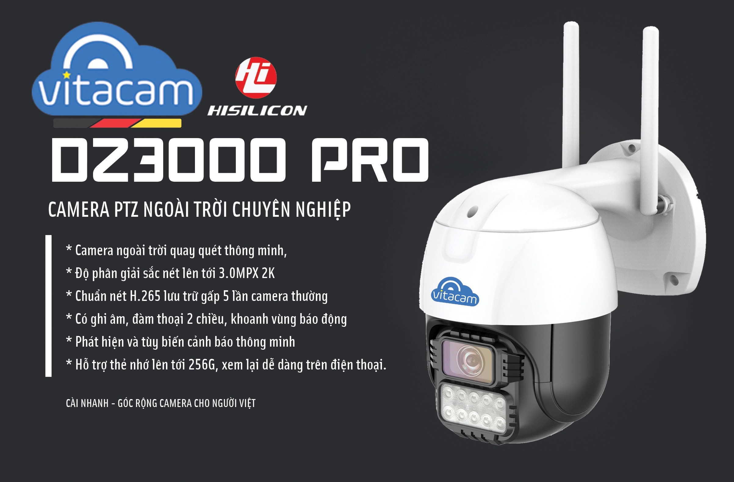 Camera IP Wifi ngoài trời VITACAM DZ3000 PTZ xoay 355 độ, 3.0Mpx 1296P hình ảnh ULTRA HD siêu nét - hàng chính hãng