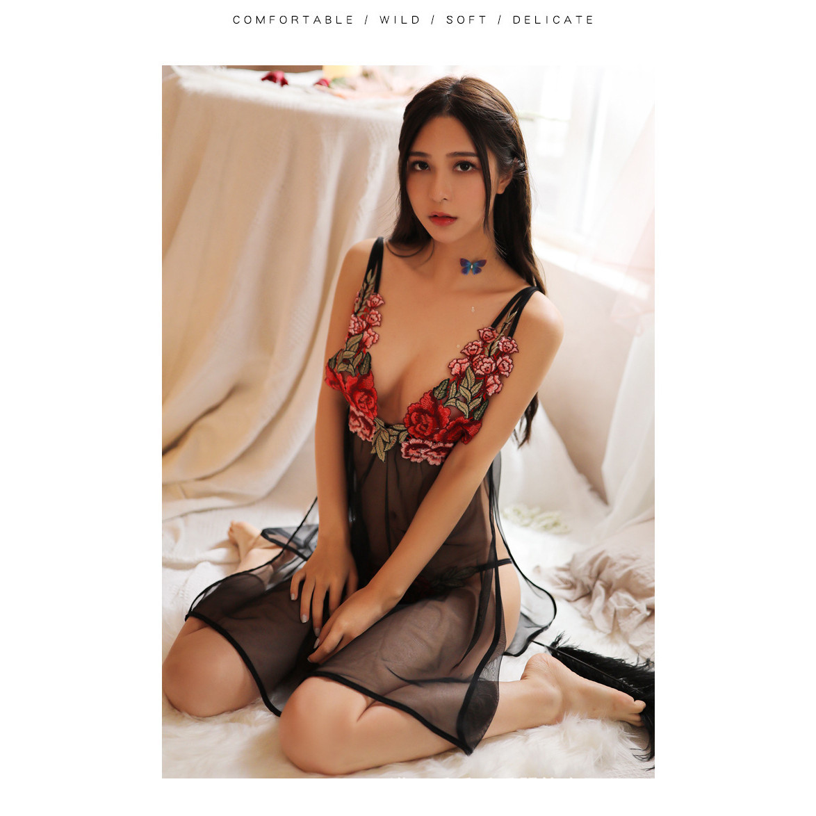 Váy ngủ thêu hoa xẻ tà sexy VN21 kèm quần lót lọt khe , Đầm ngủ gợi cảm, Đồ lót sexy, Freesize
