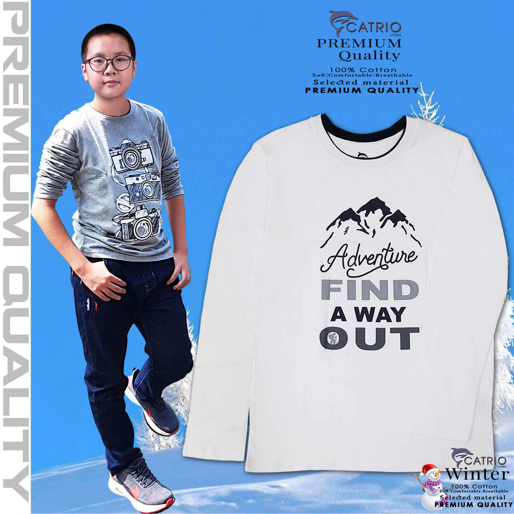 ÁO THUN DÀI TAY BÉ TRAI CATRIO in FIND NÚI màu TRẮNG là áo phông trẻ em 18 tuổi vải 100% cotton an toàn, thuộc BST quần áo trẻ em mùa thu đông CATRIO