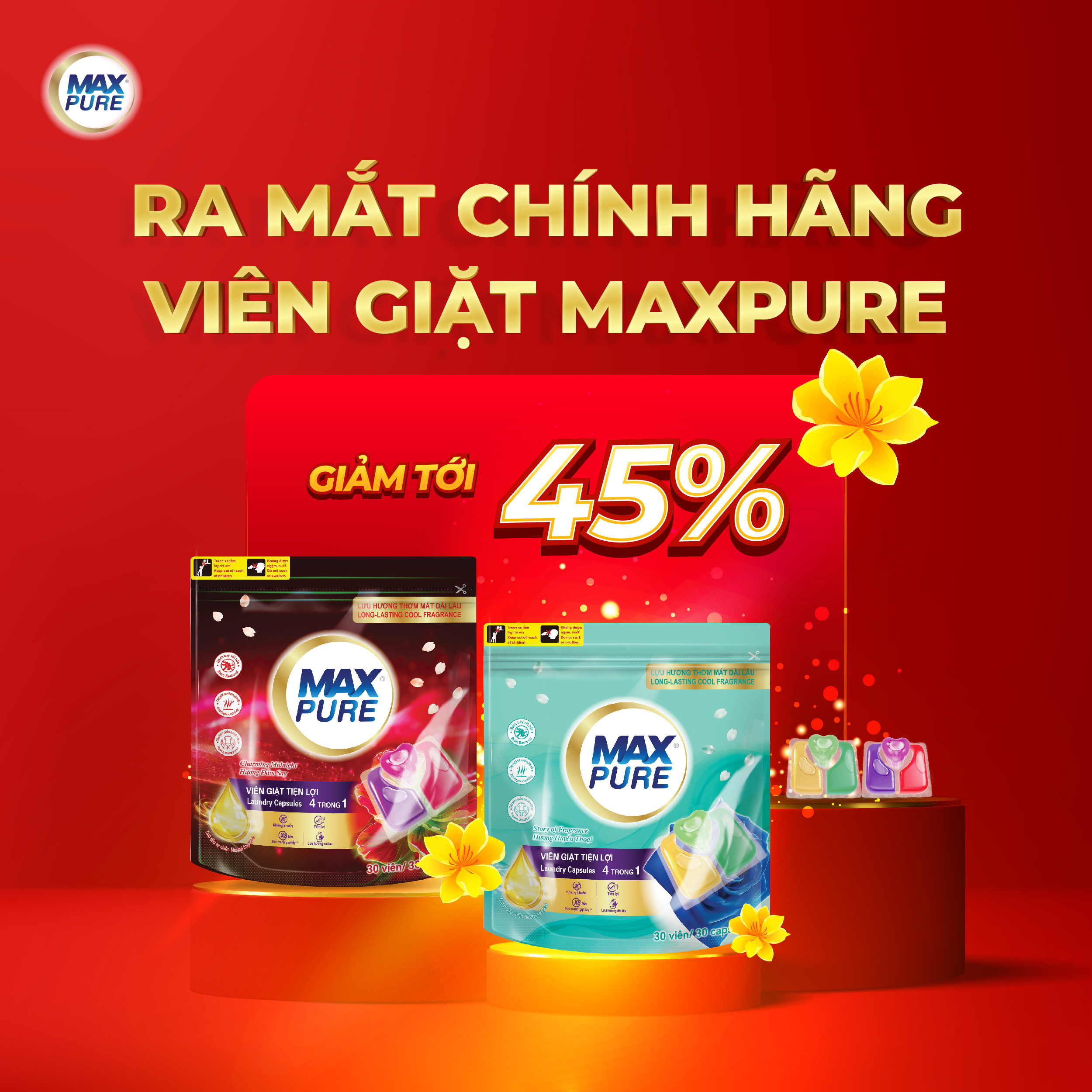 Combo (Túi|Hộp) Viên Giặt Tiện Lợi Max Pure 4in1 - Công Nghệ Carezyme bảo về quần áo bền đẹp không phai màu theo thời gian