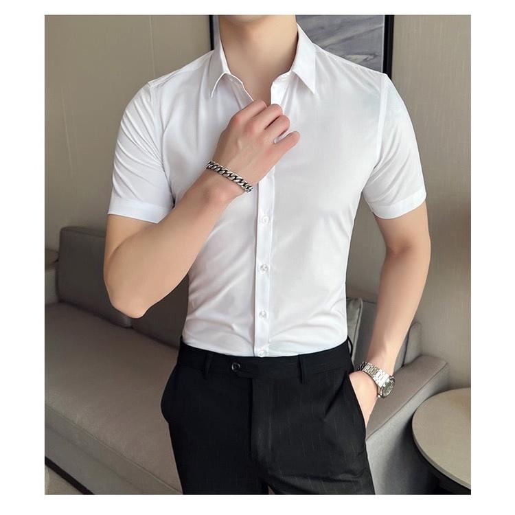 Áo sơ mi nam ngắn tay form dáng slim fit học sinh công sở vải lụa dãn mềm