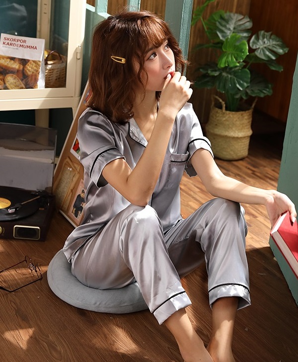 Đồ bộ Pijama Lụa cao cấp quần dài áo tay ngắn, pyjama tay ngắn hàng Quảng Châu loại 1
