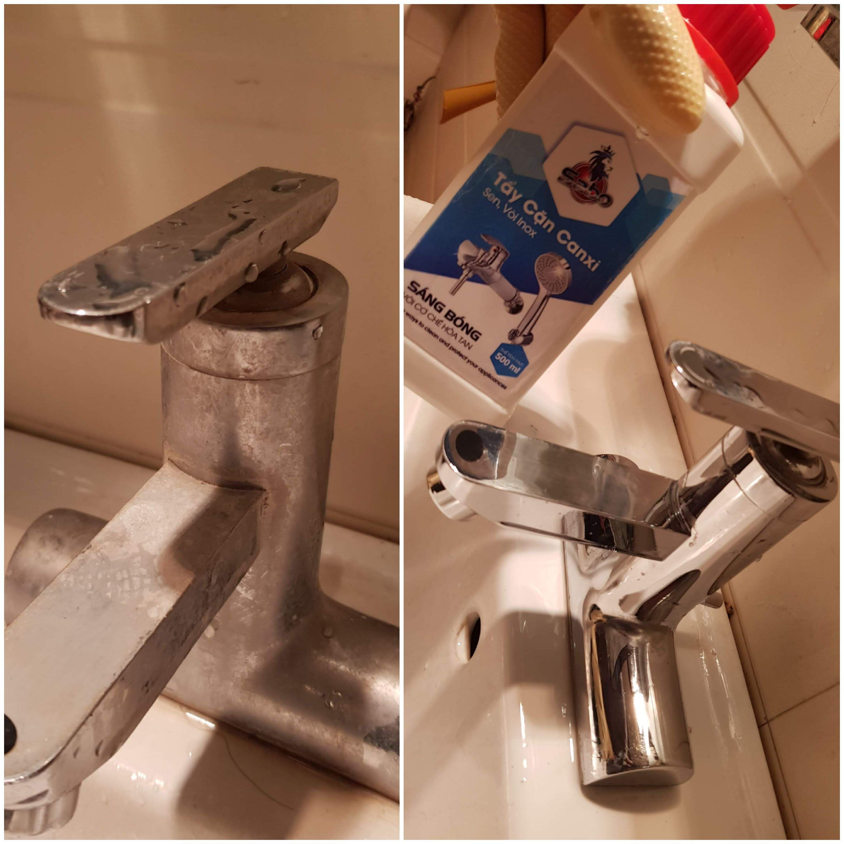 Làm sạch cặn canxi ố sen vòi inox Sabo-I