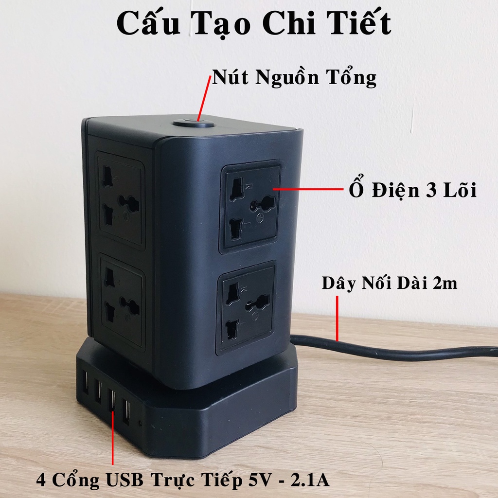 Ổ Cắm Điện Đa Năng dododios Hình Tháp Nhiều Tầng T8/ T12 Chịu Tải 2500W, An Toàn Chống Cháy Chống Giật, Dây Dài 2m - Hàng Chính Hãng