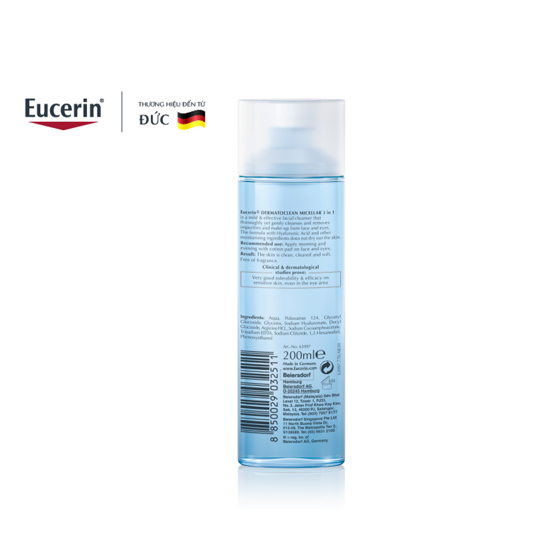 Nước tẩy trang dịu nhẹ cho da nhạy cảm DermatoClean Hyaluron Micellar 3 in 1 Eucerin 200ml