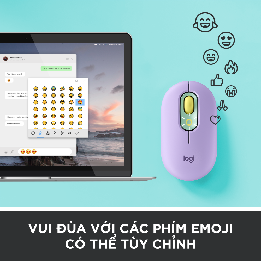 Chuột không dây bluetooth Logitech POP MOUSE - giảm ồn, nút emoji tùy chỉnh - Hàng chính hãng