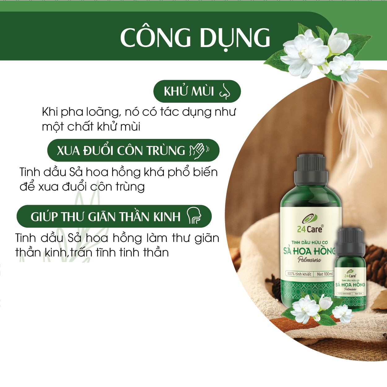 Tinh dầu Sả Hoa Hồng 24Care 100ML - Chiết xuất thiên nhiên, xông thơm phòng, xua đuổi côn trùng, làm dịu cảm giác khó chịu, cân bằng cảm xúc