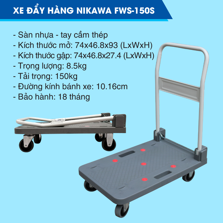 Xe đẩy hàng, xe kéo hàng Nikawa FWS-150S, 4 bánh, tải trọng 150 kg, nhập khẩu chính hãng, thương hiệu Nhật