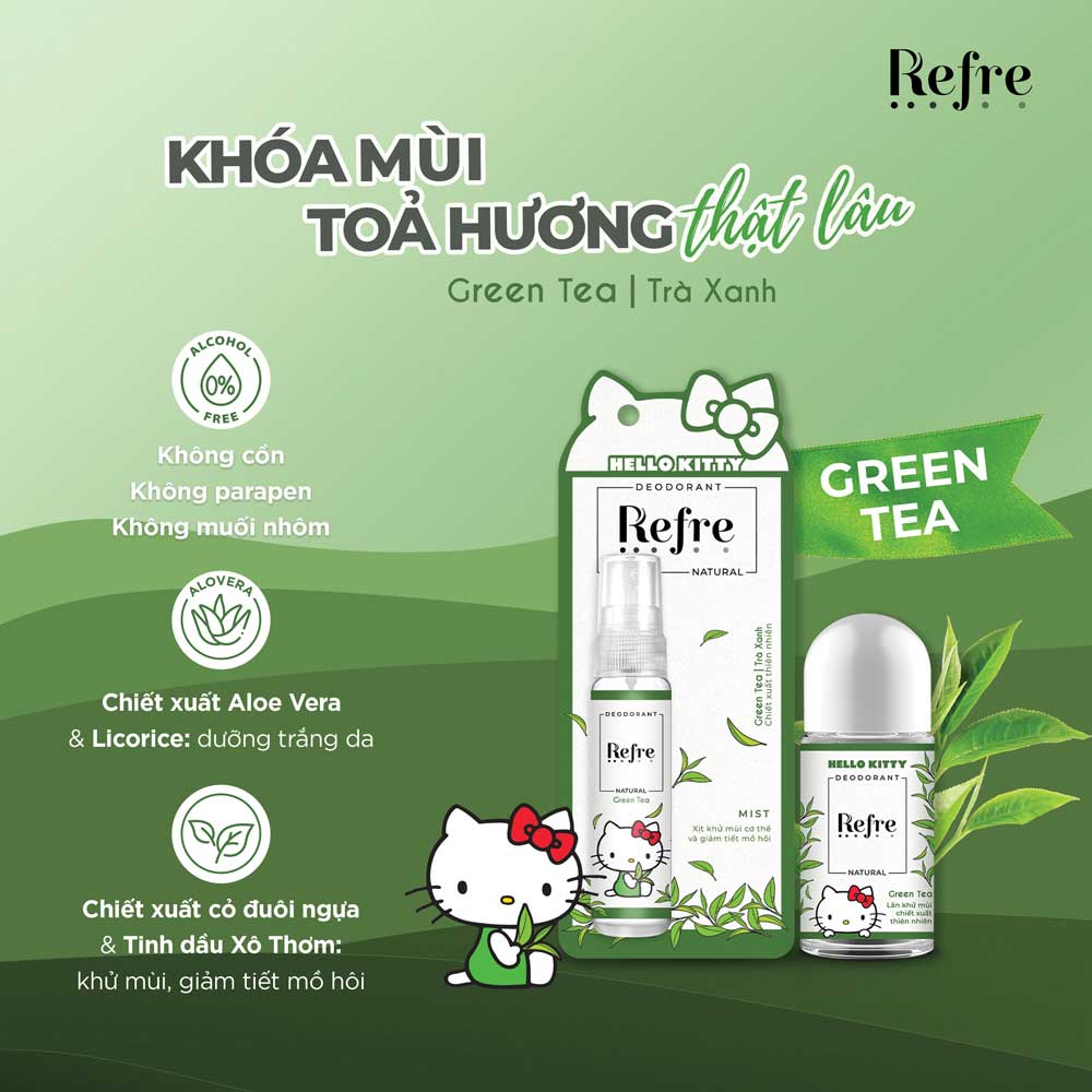 Lăn khử mùi Refre Natural Green Tea Hương Trà Xanh 40ml (Phiên bản Hello Kitty giới hạn) + Tặng móc khóa Hello Kitty xinh xắn