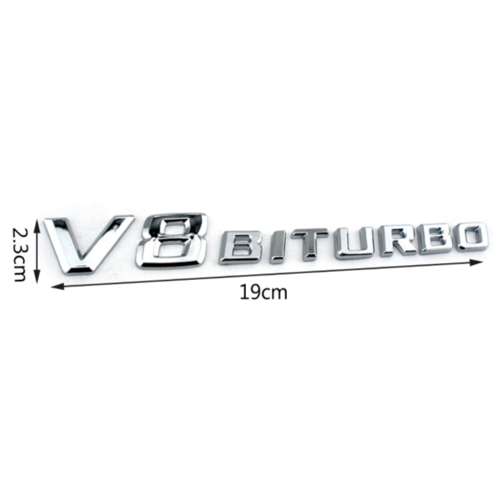 Decal tem chữ V8-Biturbo dán hông xe ô tô - Chất liệu: nhựa ABS cao cấp được mạ Crom - Kích thước: 19x2.3cm - 2 màu: Đen và Bạc