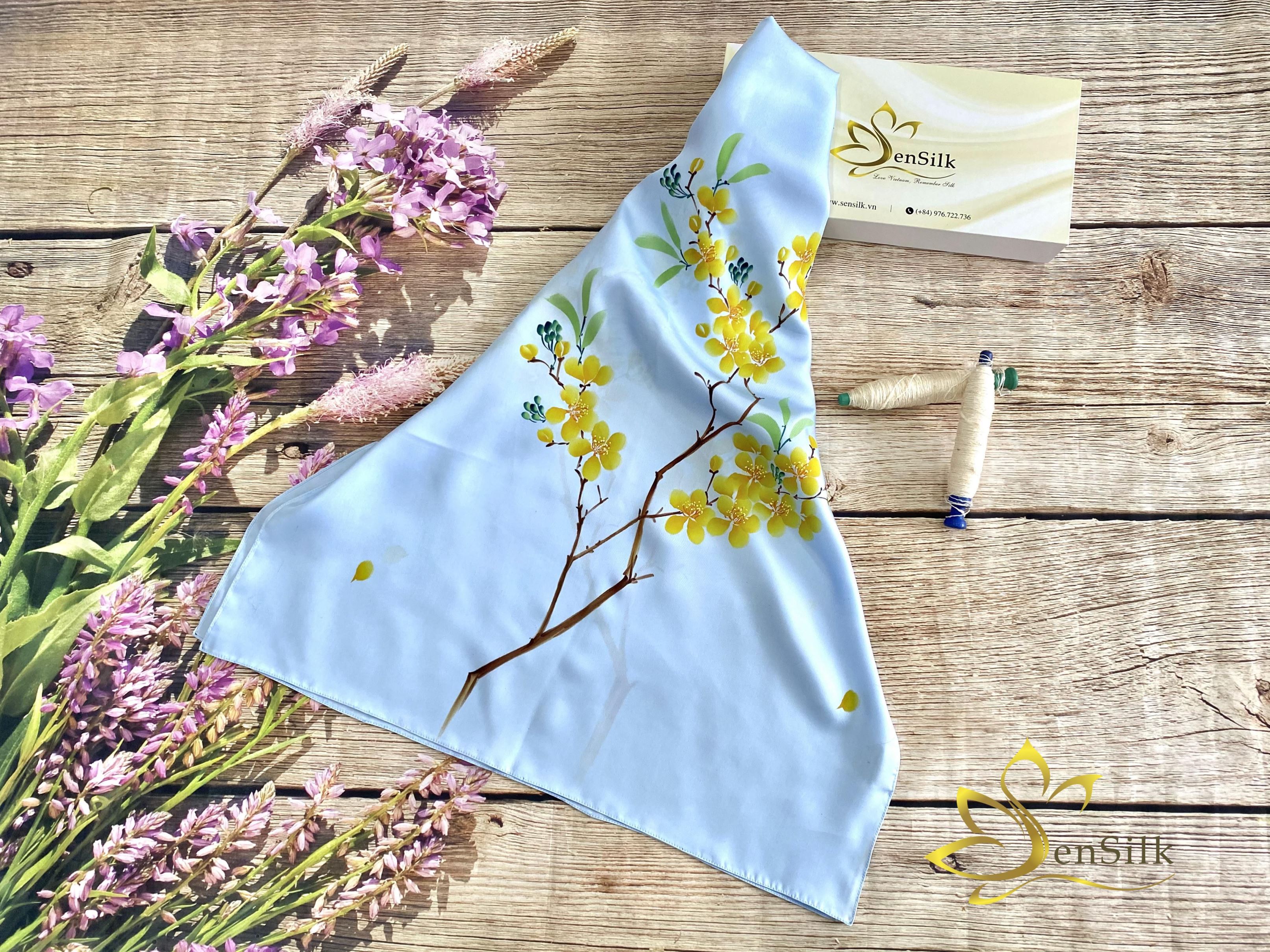 SenSilk Hand Drawing Silk Scarves - Tơ Lụa Bảo Lộc Vẽ Hoa Mai 180x55cm, Choàng Cổ Lụa Thời Trang Cho Phái Đẹp