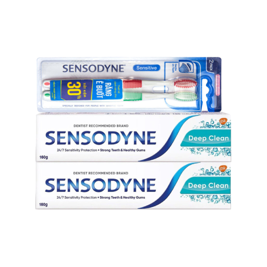 Bộ 2 Kem Đánh Răng Sensodyne Deep Clean 160g/tuýp + Vỉ 2 Bàn Chải Sensodyne Ultra Sensitive Extra Soft