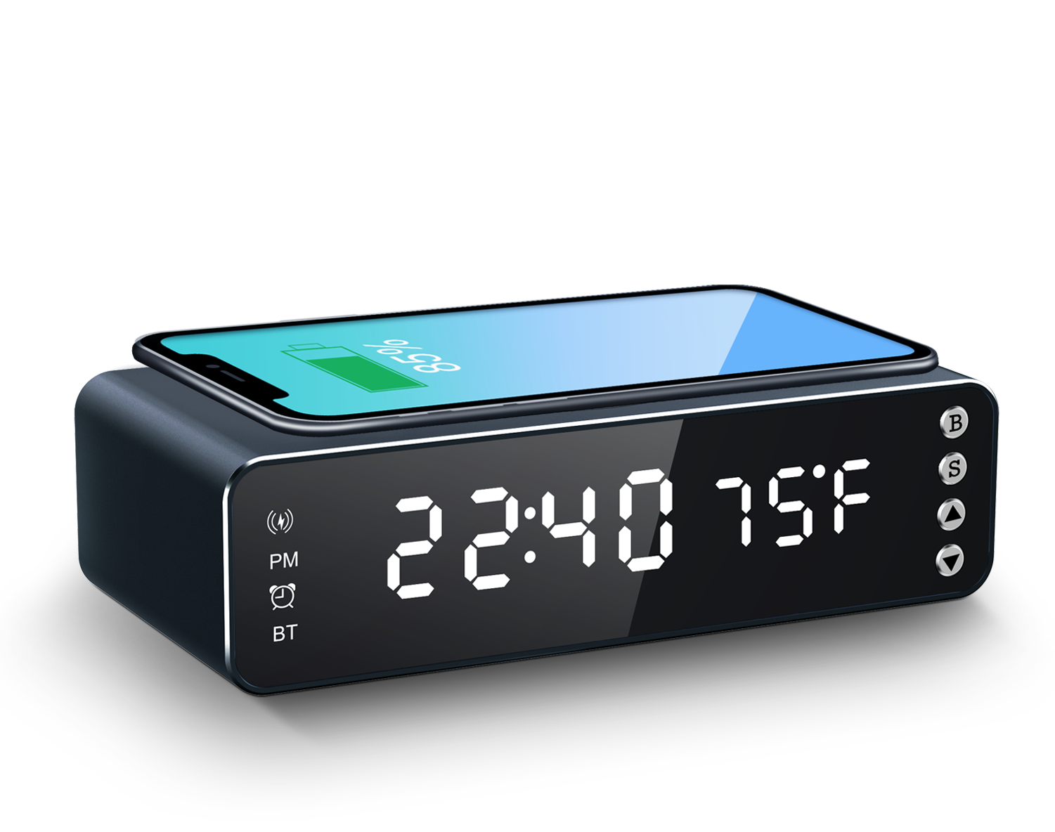 Đế sạc nhanh không dây từ tính cho điện thoại công suất 15W tích hợp loa bluetooth đồng hồ xem giờ báo thức báo nhiệt độ
