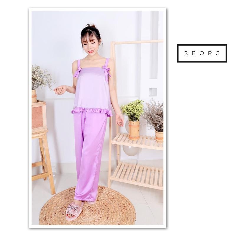 Bộ đồ ngủ 2 dây SBORG đồ bộ lụa satin 2 dây cao cấp mềm mịn áo viền bèo đáng yêu phối quần dài ống rộng có túi quần sâu freesize dưới 56kg quà tặng Vợ, thoải mái khi mặc ngủ hoặc đi ra ngoài