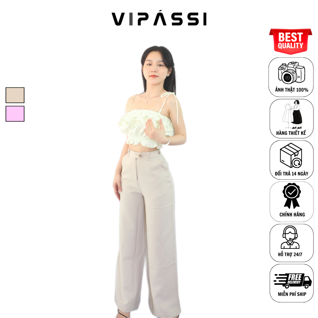 VIPÁSSI - Quần Tây Dài Dáng Suông Loe Nhẹ Khóa Kéo Lưng Cao Họa Tiết Quai Dê Ngắn