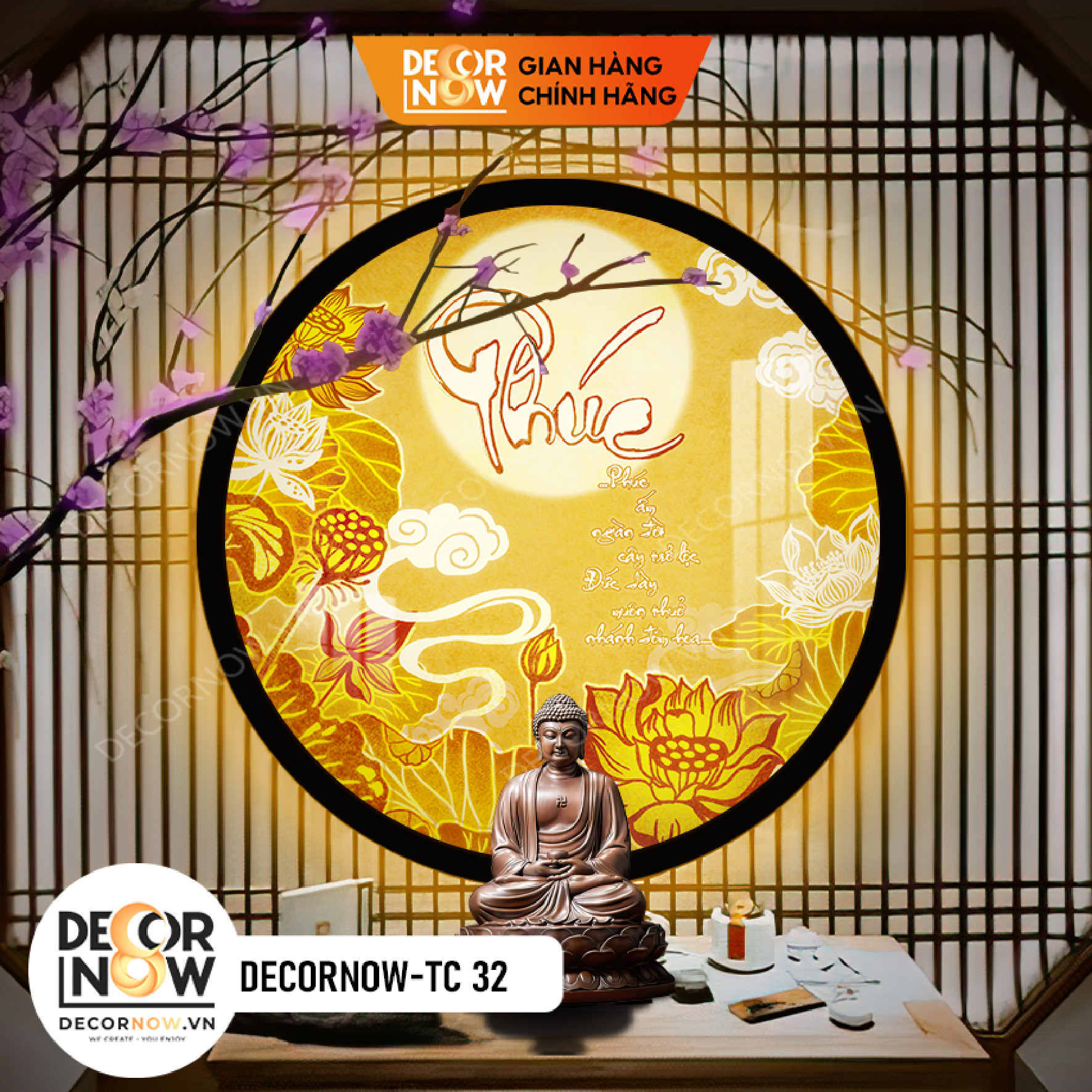Đèn Hào Quang Phật In Tranh Trúc Chỉ DECORNOW 30,40 cm, Trang Trí Ban Thờ, Hào Quang Trúc Chỉ HOA SEN DCN-TC32