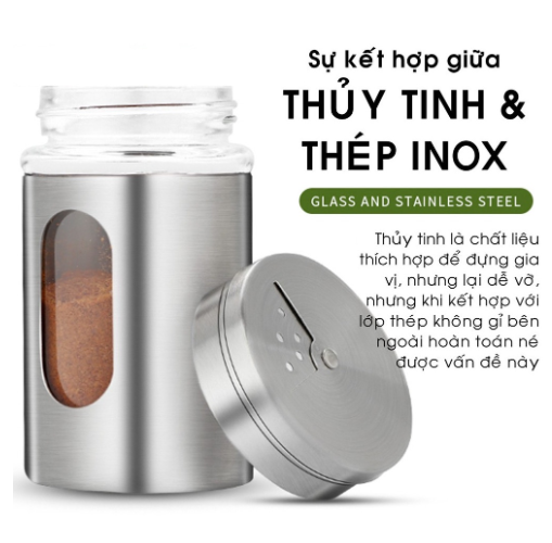 Lọ đựng muối, tiêu thủy tinh bọc inox cao cấp, lọ rắc gia vị đa năng nắp xoay lỗ rắc 3 kích thước GD756-LoTieu