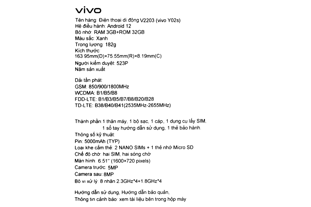 Điện thoại Vivo Y02s  (3GB/32GB) - Hàng Chính Hãng