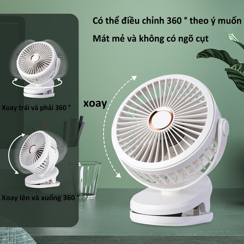 Quạt Tích Điện Để Bàn, Sử Dụng Pin Sạc, Quạt Mini, Kẹp Bàn Chắc Chắn, Xoay 720 Độ