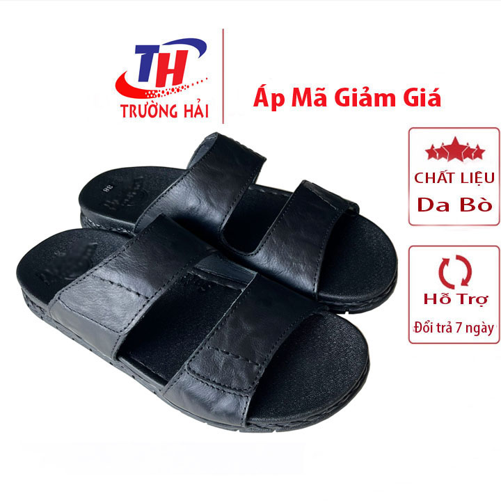 Dép  da Nam quai ngang đế cao 3.5cm Trường Hải may viền da bò thật Màu đen QN155