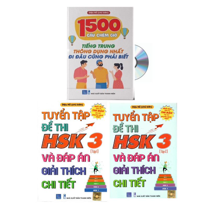 Combo 3 sách Bộ đề tuyển tập đề thi năng lực Hán Ngữ HSK 3 và đáp án giải thích chi tiết +1500 Câu chém gió tiếng Trung thông dụng nhất+ DVD tài liệu