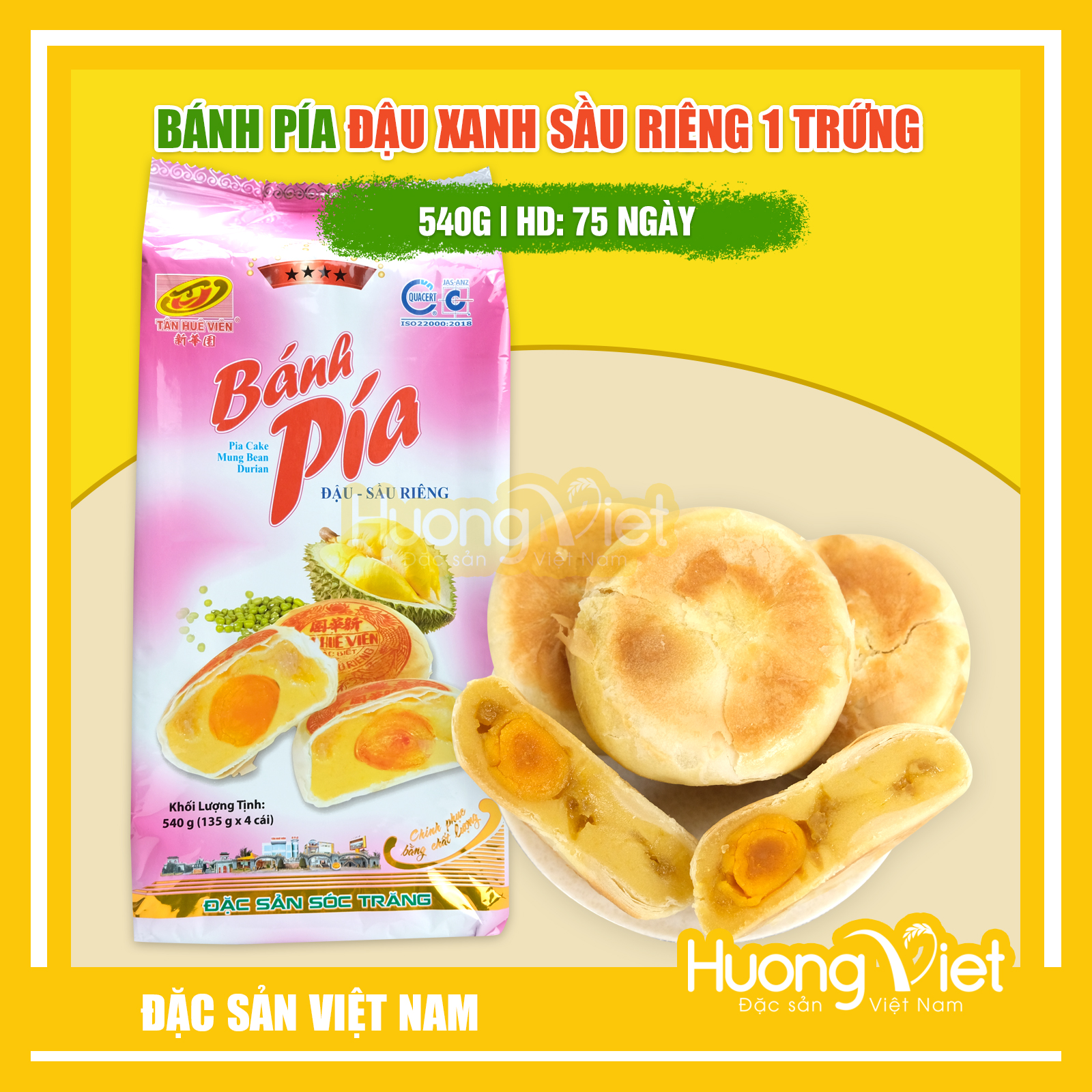 Đặc Sản Sóc Trăng - Bánh Pía Đậu Xanh Sầu Riêng 1 Trứng Tân Huê Viên 540G, Bánh Pía Sóc Trăng Chính Hãng Tân Huê Viên