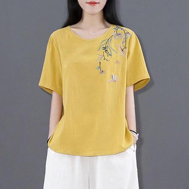 Áo trung niên nữ cộc tay in hoa, Áo đủ size chất vải mát mịn Đũi Việt A18