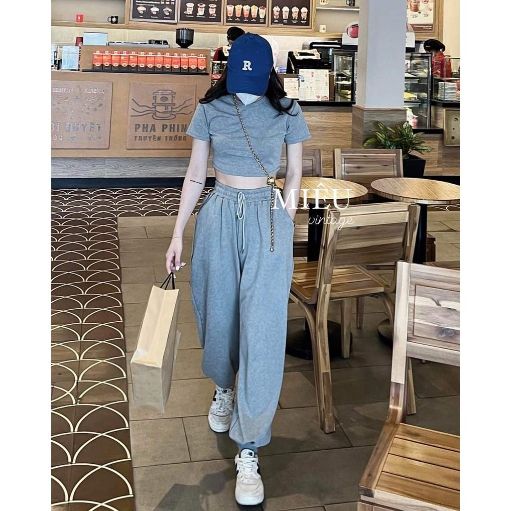 Bộ Áo Croptop Quần Jogger Nữ Set Áo Cộc Tay Quần Thun Ống Rộng 2 Màu