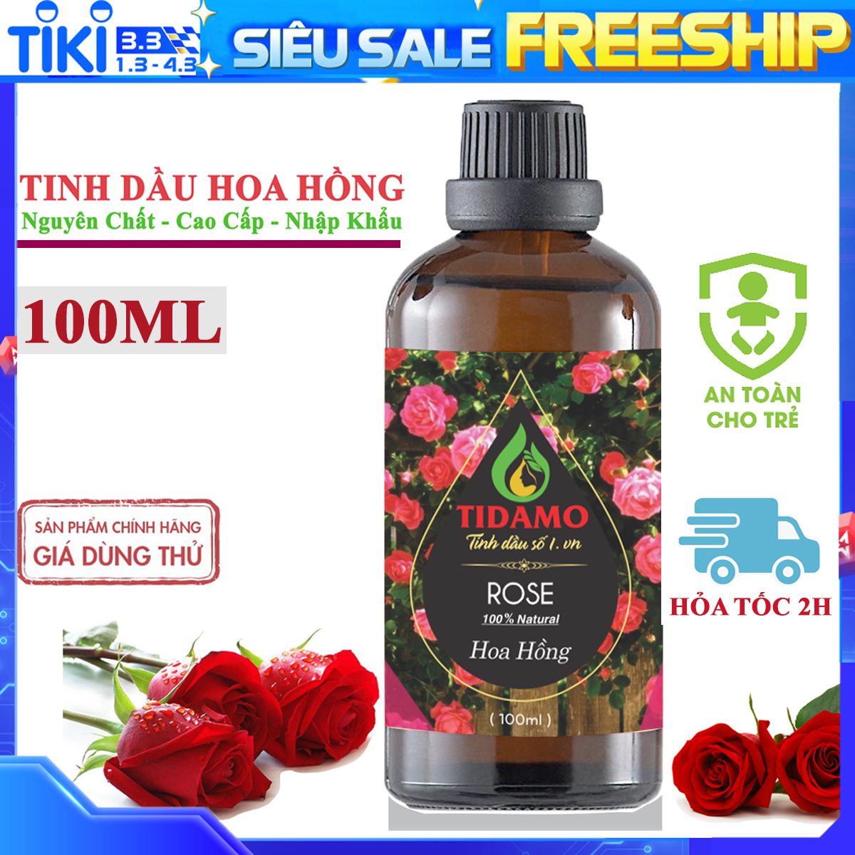 Tinh Dầu Xông Phòng HOA HỒNG 100ML Cao Cấp Nhập Khẩu - Tinh Dầu Hoa Hồng TIDAMO Tạo Hương Thơm Thư Giãn, Kích Thích Cảm Giác Lãng Mạn, Giải Tỏa Mệt Mõi