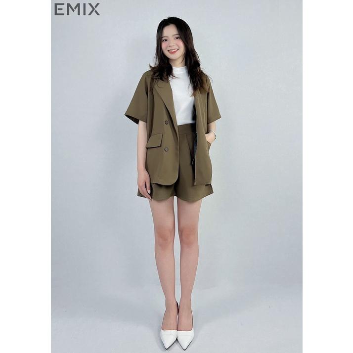 Set vest cộc tay EMIX (màu nâu), áo blazer cộc tay, quần short cạp cao, form rộng, có cúc, chất trượt hàn 109