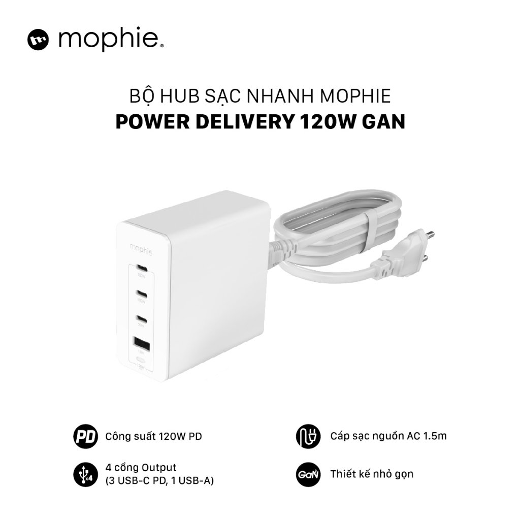 Combo sạc nhanh Mophie PD 67w/120w (GaN), dây cáp USB-C to USB-C 100w (1m/2m/3m) - Hàng chính hãng