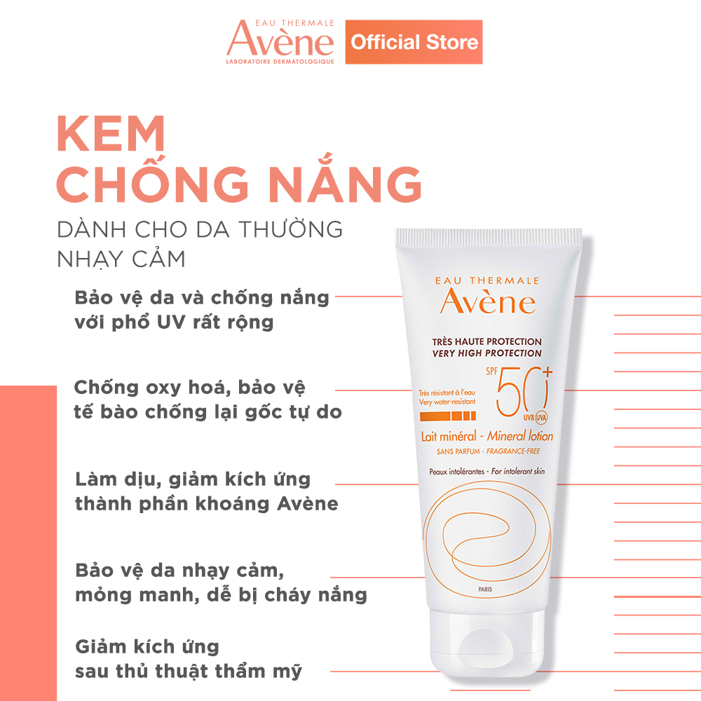 Kem chống nắng vật lý cho da thường nhạy cảm AVÈNE VERY HIGH PROTECTION MINERAL LOTION SPF 50+ 100ml