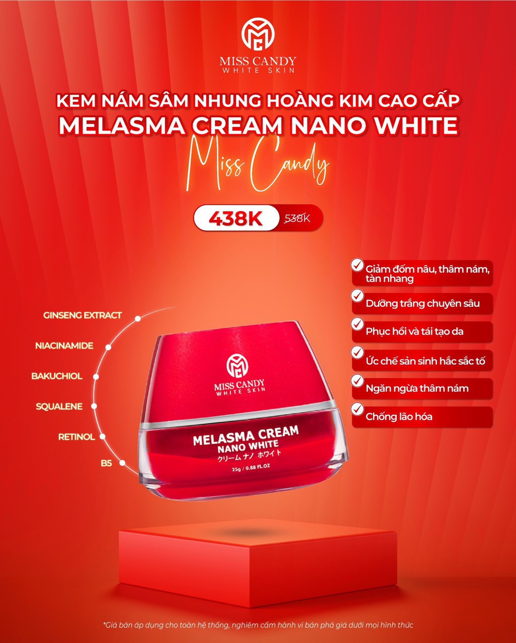 Kem Dưỡng Trắng Da Mờ Thâm Nám Sâm Nhung Hoàng Kim Cao Cấp Melasma Cream Nano White MISS CANDY 25g, Giúp Tái Tạo Da Bị Nhiễm Corticoid, Phục Hồi Làn Da Hư Tổn &amp; Làm Săn Chắc Da