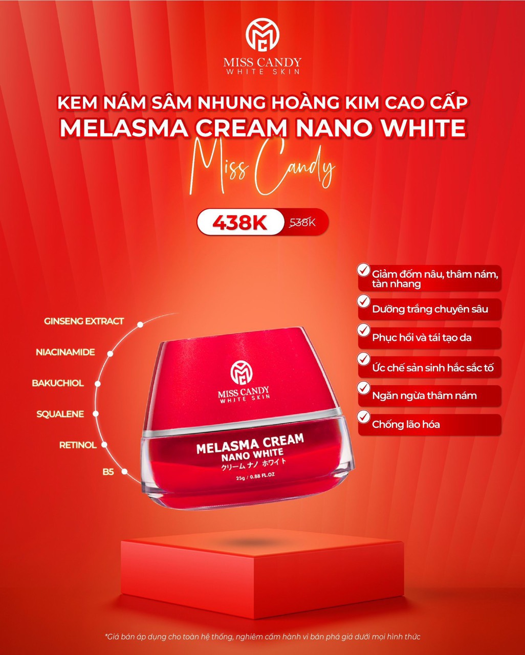 Kem Dưỡng Trắng Da Mờ Thâm Nám Sâm Nhung Hoàng Kim Cao Cấp Melasma Cream Nano White MISS CANDY 25g, Giúp Tái Tạo Da Bị Nhiễm Corticoid, Phục Hồi Làn Da Hư Tổn & Làm Săn Chắc Da