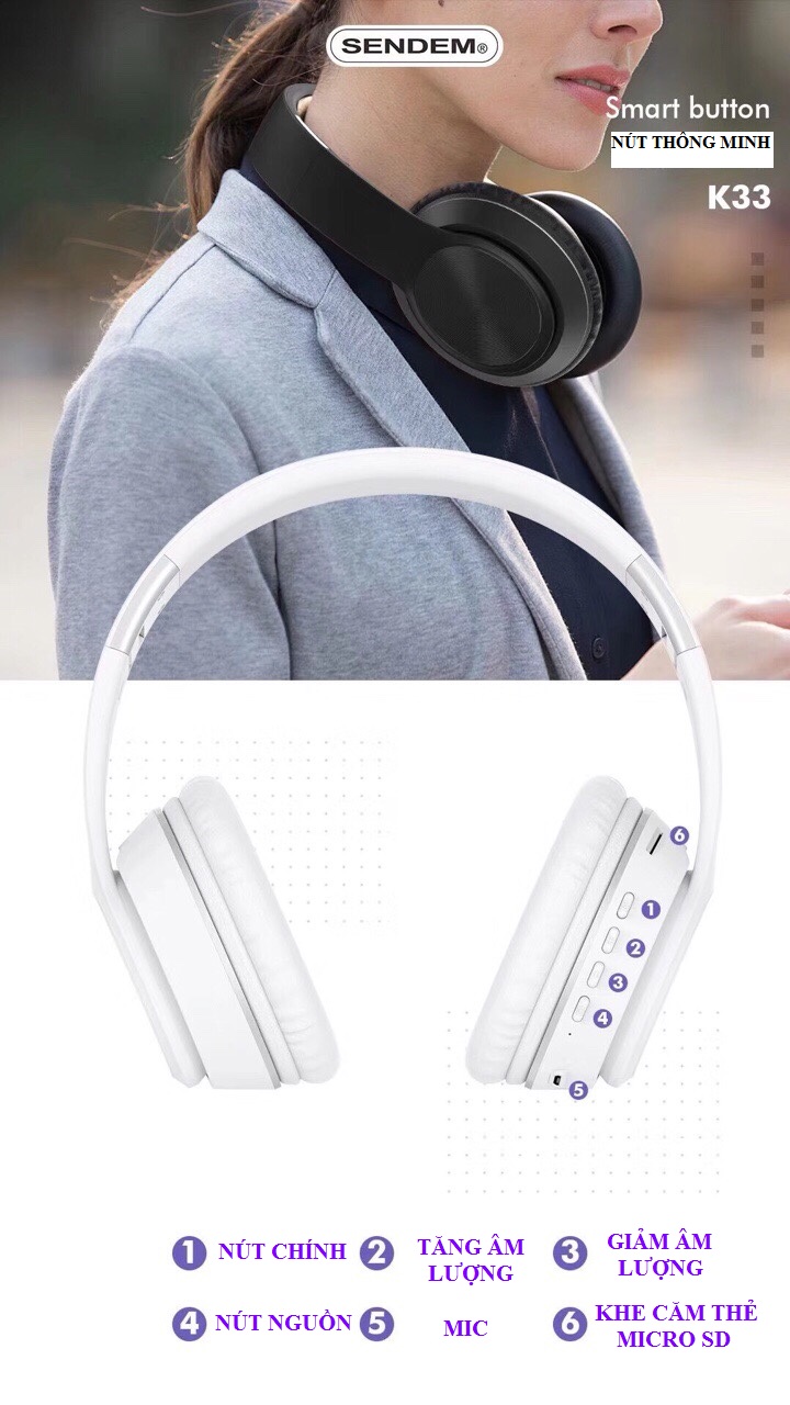 Tai nghe chụp tai Bluetooth v5.0 SENDEM K33 âm thanh năng động hỗ trợ thẻ nhớ - HÀNG CHÍNH HÃNG