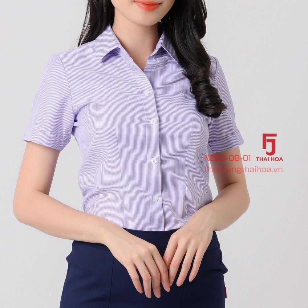 Áo sơ mi sọc thẳng ngắn tay Thái Hòa N823, sơ mi công sở nữ from đẹp kiểu dáng Basic