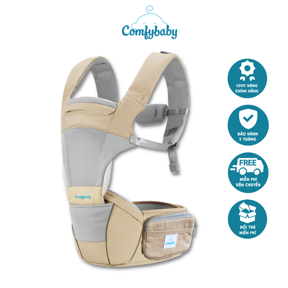 Địu Ngồi Trẻ Em Cao Cấp Siêu Mềm 4 Tư Thế Công Nghệ Air Mesh Thoáng Khí - Comfybaby Cf818 - Tặng Yếm Tam Giác - Kaki