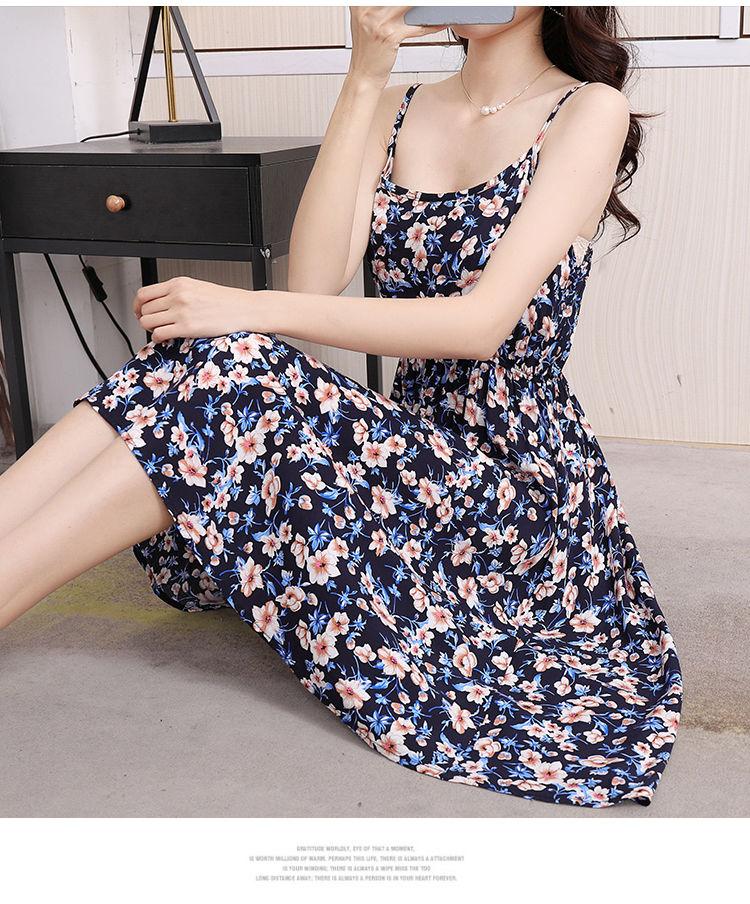 DONGSHOP Mùa hè 2023 Hàn Quốc phiên bản có thể điều chỉnh treo vest đầm mỏng mỏng trung bình dài hoa bãi biển váy