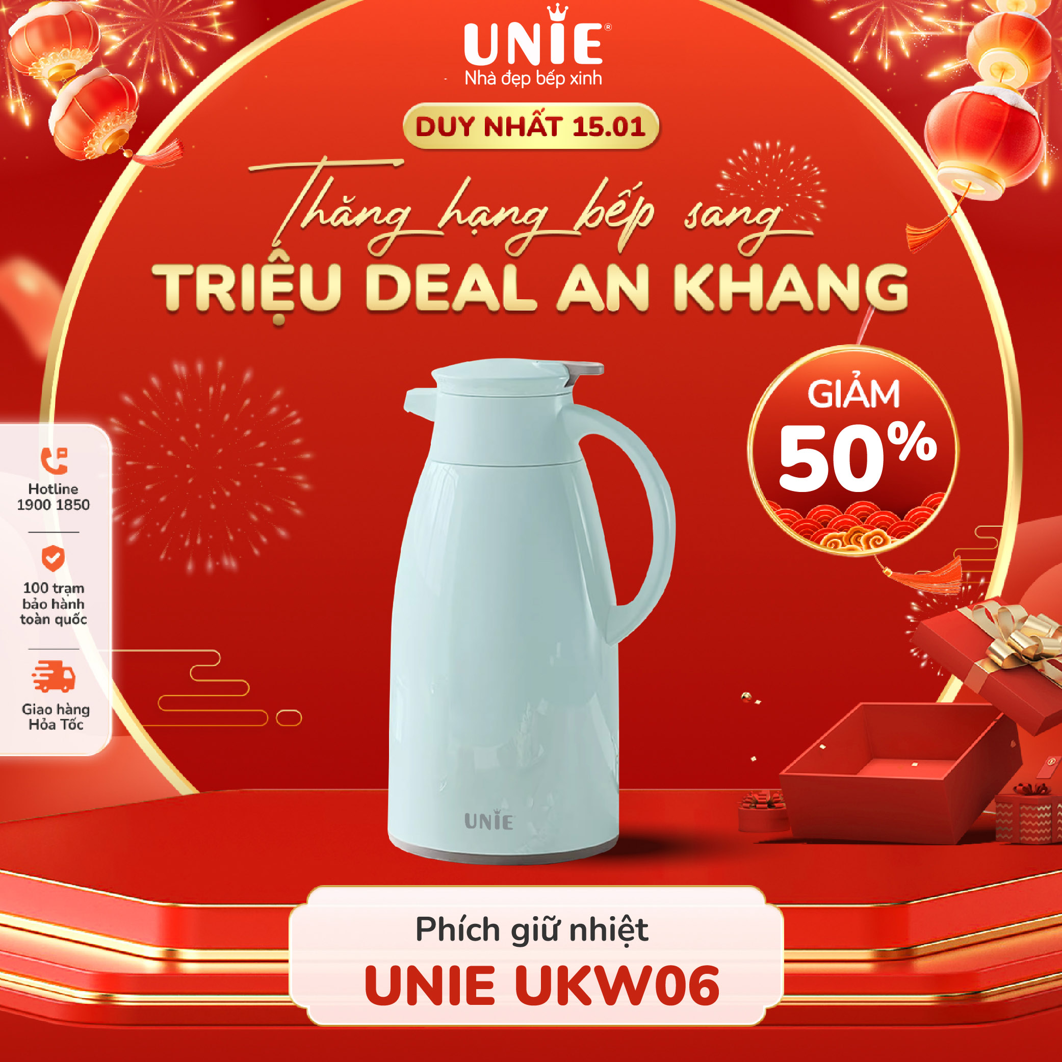 Phích giữ nhiệt UNIE UKW06, dung tích 1.6L, 5 lớp giữ nhiệt cao cấp, thiết kế nhỏ gọn hiện đại- hàng chính hãng